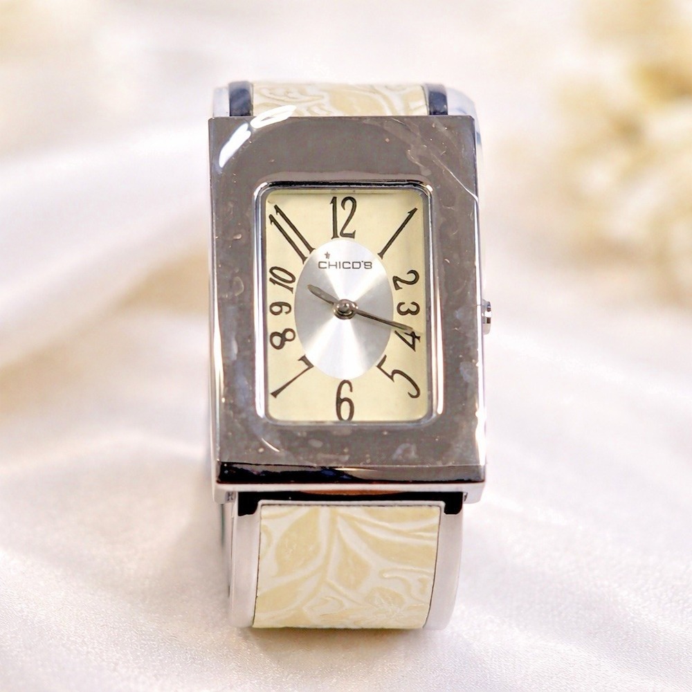 Chico's CH-921 Floral Cuff Watch Cream Silver‎ Tone Japan Movement NEW